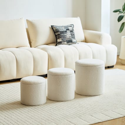 Pouf (3er Set) aus Holz und Wolle Weiß