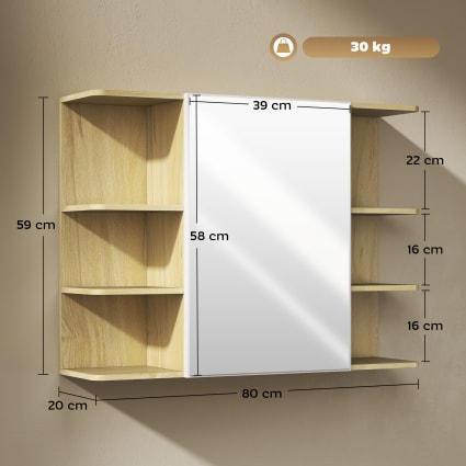 Armoire Salle De Bain Avec Miroir HOMCOM - Dimensions 60x14x50 Cm - Porte En Bambou, étagère Réglable - Film Anti-éclats - Montage Mural - Couleur Blanc - 5