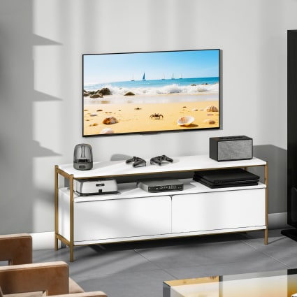 Meuble TV Moderne 120 Cm - Couleur Chêne Et Blanc, Avec 2 Portes Et étagère, Pour Téléviseur Jusqu'à 55 Pouces