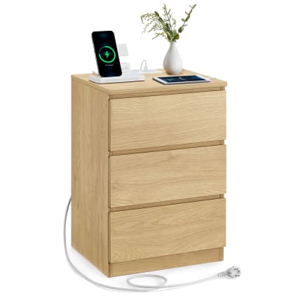 REAHOME Comodino Con Luci LED E Porte USB: Tavolino Alto 70 Cm Con 3 Cassetti, Marrone, Per Camera Da Letto O Soggiorno