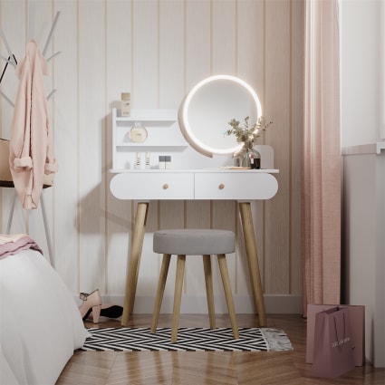 Coiffeuse Bella Avec Miroir LED & Tabouret – Blanc – Moderne – Vicco