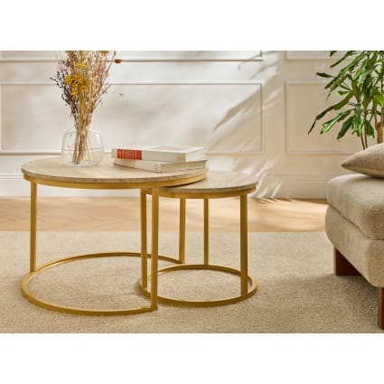 Table Basse Salon 2 Parties Gigognes - 75x75x38cm, Grège Et Travertin, Panneau Particules, Design Moderne