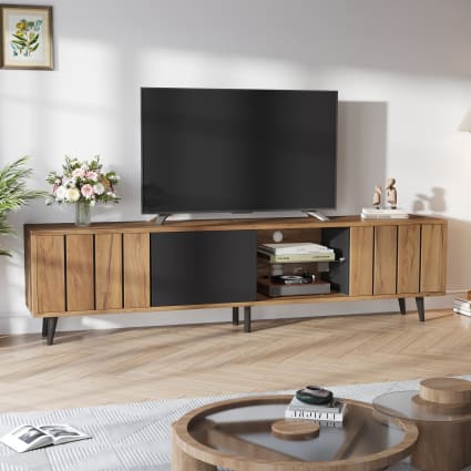 Meuble TV En Bois Naturel Et Noir, 140 X 40 X 51,5 Cm | Madone - Qechic