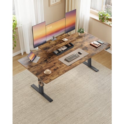 Bureau électrique Réglable En Bois – Marron, 120x60 Cm, Avec Tiroir Et Prises