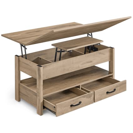 Table basse relevable vérin à gaz 2 tiroirs et 3 compartiments marron