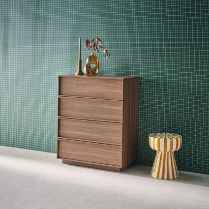 Commode 4 tiroirs Couleur noyer, Chiffonnier, grand espace de rangement, motif grain bois - pour salon et chambre - B60 x H91 x T34 cm - style bohèm | Leroy Merlin Commode 4 tiroirs Couleur noyer, Chiffonnier, grand espace de rangement, motif grain bois - pour salon et chambre - B60 x H91 x T34 cm - style bohèm | Leroy Merlin