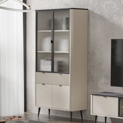 Vitrine mit Glastüren, aus MDF, 90x40x191cm, kaschmir / grau Marly