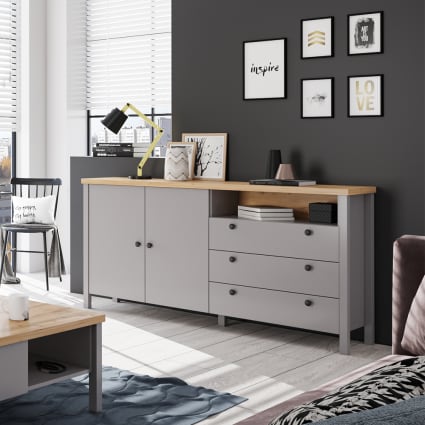 Kommode mit Türen & Schubladen aus Holz, 166x38x86cm, grau / Eiche Melini
