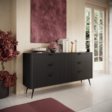 Schubladenkommode, geriffelte Optik aus MDF, 163x38x81cm, schwarz Lante