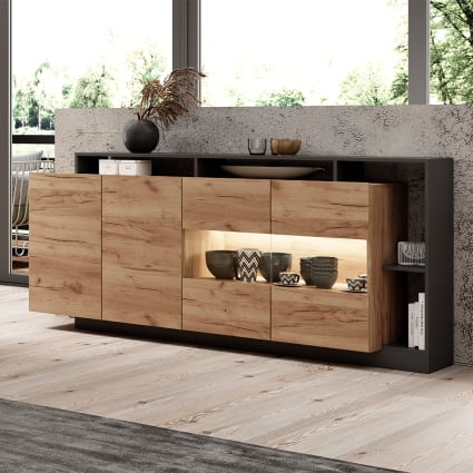 Kommode mit Türen aus Spanplatte, 155x44x93,5cm, Eiche / anthrazit Alva