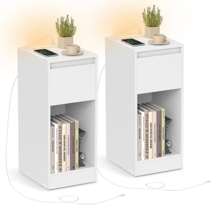 Table De Chevet étroite Avec Roulettes Et LED RGB - 2 Prises AC + 2 USB, 2 Tiroirs | Table Nuit Mobile Pour Espaces Réduits, Ambiance Nomade