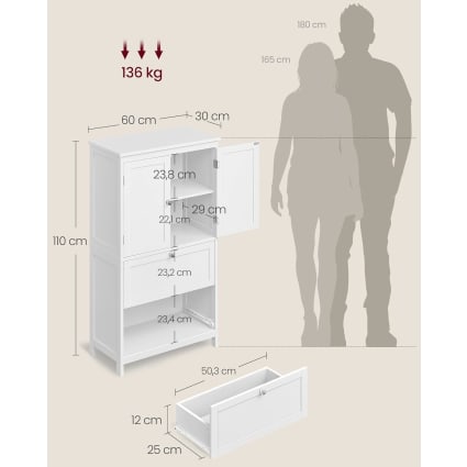 Armadio da bagno 60 cm, ante in vetro e specchio - Doppio vano, ripiano