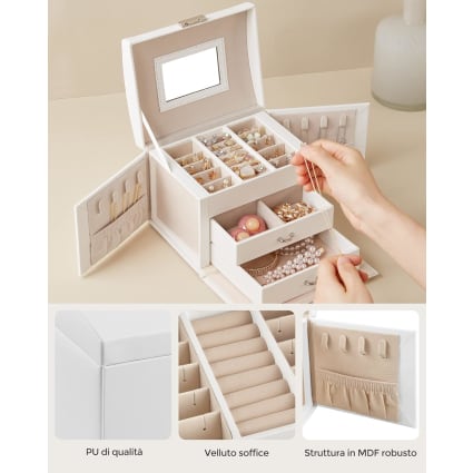 Portagioie Hanway 3 Strati In Legno Bianco – 5 Scomparti + 2 Cassetti Con Specchio E Vassoio