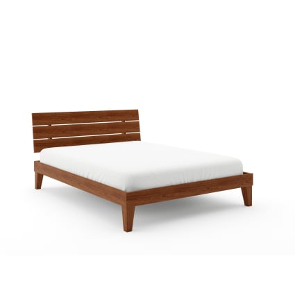 LUXOAK Lit en bois massif 160 x 200 cm avec tête de lit inclinée, design mi- siècle, lattes en bois stables, pas de sommier tapissier nécessaire, silencieux, marron noir
