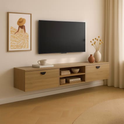 Meuble TV Suspendu 160 Cm Industriel Bois Foncé – Rangement Portes, Gestion Câbles, Design Moderne