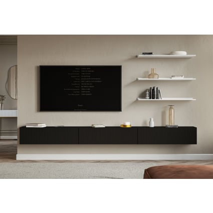 TV-Lowboard hängend mit geriffelten Fronten, 300 cm, schwarz Veldio