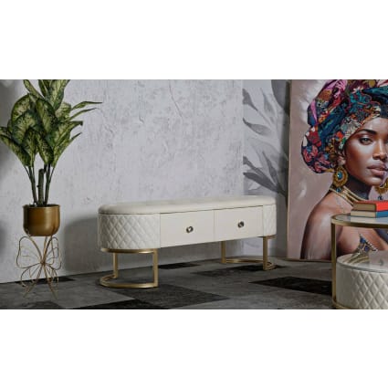 Banquette Style Louis XV - Bois Et Cuir Synthétique Blanc Argenté (Reproduction Vintage)