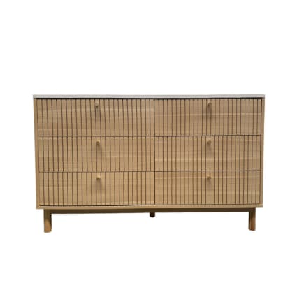 Sideboard mit 6 Schubladen in weißer Rillenoptik und Holz 120 cm Brox