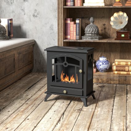 Cheminée Au Bioéthanol Sur Pied HOMCOM – Flammes Réelles, 0,9 L, Jusqu'à 3,3h De Chaleur Pour 20 M², Design Élégant Noir Acier & Verre
