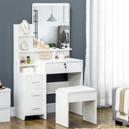 LEMROE Coiffeuse Avec Miroir Coulissant & Tabouret – Table Maquillage Bois 7 Étagères + Grand Tiroir, Style Moderne 40x60x130 Cm