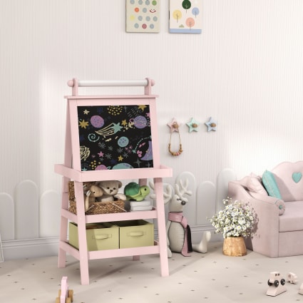 AIYAPLAY Tableau Enfant 2 en 1 Double Face 3 à 8 Ans, Rose | Chevalet Enfant, Tableau Blanc et Noir, avec 2 Boîtes de Rangement