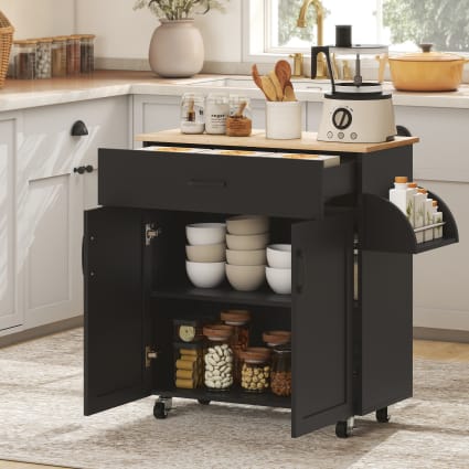 Desserte De Cuisine HOMCOM - 1 Tiroir + 1 Placard 2 Portes - Étagère Réglable, Porte-Torchons & Épices - 105x36x85 Cm - Bois Noir