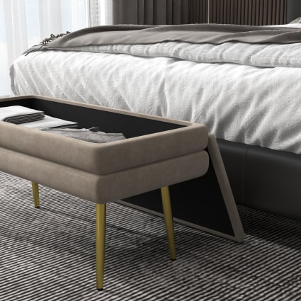 Banc de rangement 2 en 1 aspect velours acier beige doré Homcom