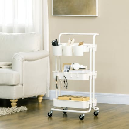 Chariot De Rangement 3 Niveaux Sur Roulettes Mimoke – Étagère Mobile Blanche Pour Cuisine, Salle De Bain, Salon Ou Balcon