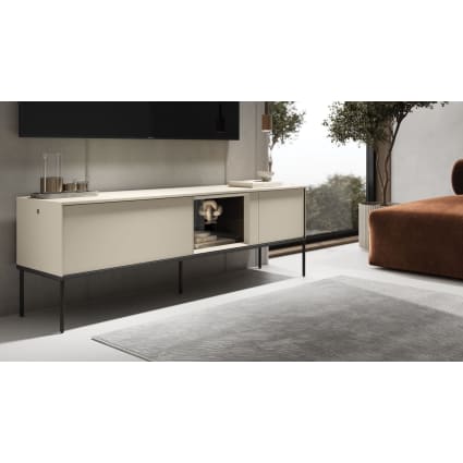 TV-Lowboard mit beleuchteter Glasvitrine 166 cm, Creme Bellezo