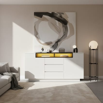 Buffet Meuble De Rangement En Mdf Coloris Blanc / Naturel Et Métal - L