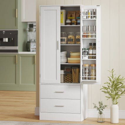 Credenza Cucina HOMCOM Con 2 Ante Soft-close E 4 Cassetti – Vetro Scanalato, 3 Ripiani Regolabili, Bianco, 120x40x91 Cm