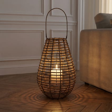 Atmosphera Lanterne En Rotin Et Verre H33 Cm - Photophore Naturel Élégant