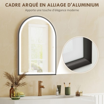 Miroir Salle De Bain LED Avec Anti-buée - 50x70cm, Cadre Noir Arqué - 3 Couleurs Lumière, Dimmable, Mémoire - IP44 - 11