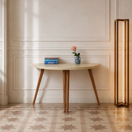 Ausziehbarer halbrunder Esstisch, Esche eichef. und MDF, Braun Beige Mawi