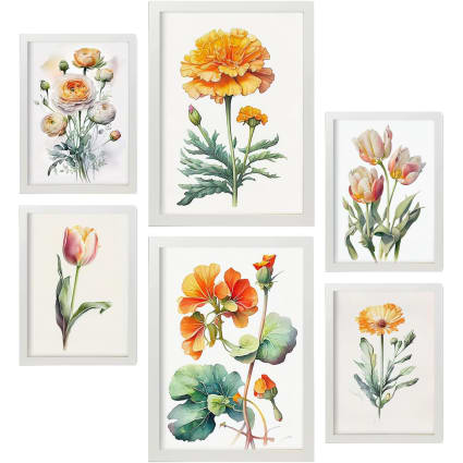 Flores vintage de estilo antiguo-set de 6 laminas marco blanco a3 & a4 ...