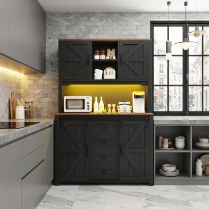 Buffet haut 115x40x180 cm avec éclairage LED, 4 portes et 5 tiroirs, étagères de rangement ouvertes, en MDF, noir Buffet haut 115x40x180 cm avec éclairage LED, 4 portes et 5 tiroirs, étagères de rangement ouvertes, en MDF, noir