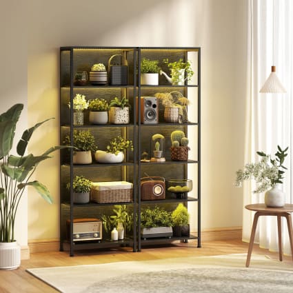 Libreria A 5 Ripiani Con Luci LED A 7 Colori – Scaffale Salvaspazio 60x30x179 Cm, Struttura In Acciaio E Truciolato, Per Soggiorno E Ufficio