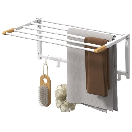 HOMCOM Portasciugamani Pieghevole A Parete 5 Barre + 6 Ganci, In Bambù E Acciaio, Bianco 60x32.5x20 Cm – Salvaspazio