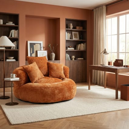 Runder Lounge-Sessel aus weichem Stoff mit Kissen, Orange