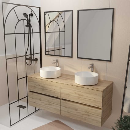 Meuble De Salle De Bains Suspendu 70cm TIMBER Décor Chêne 2 Tiroirs Vasque Blanche A Poser