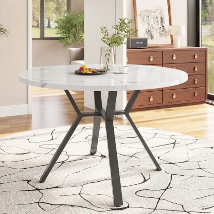 Dolamaní Tavolo da pranzo rotondo diametro 100 cm (1 pezzo) per 4-6 persone, bianco MDF marmorizzato, telaio in metallo nero, altezza 76 cm