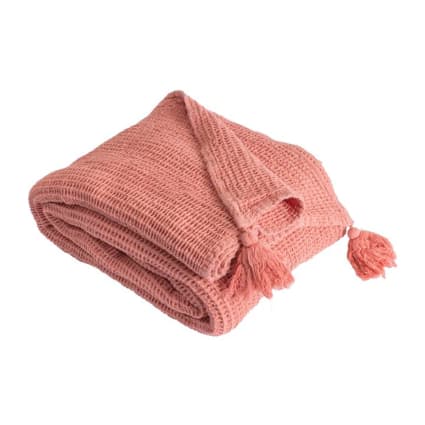 Couverture plaid coton rose saumon franges 130x170 cm