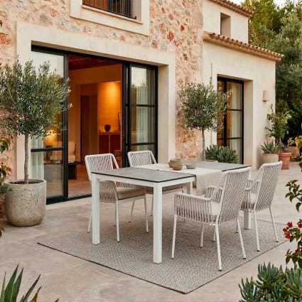 8er-Set Gartenstühle aus weißem Aluminium und grauem Seil mit Kissen Larchmont