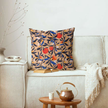 Dekokissen Orangen mit Blätterranken aus Polyester, beige 50 x 50 cm