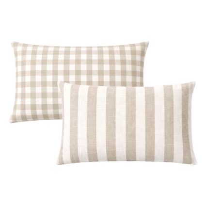 Housse de coussin recto-verso 100% coton rayures et vichy Lourmarin beige