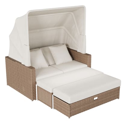 Chaise longue double en polyrotin avec table beige | Maisons du Monde