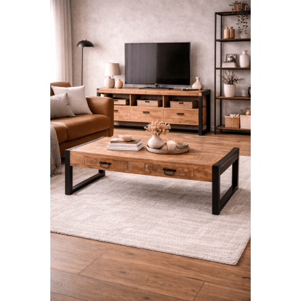 Couchtisch 140cm mit Schubladen aus Mangoholz, Hellbraun