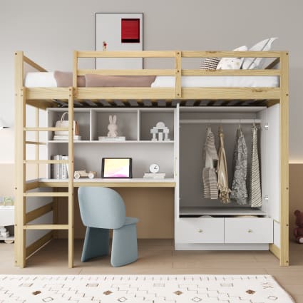 Hochbett aus Kiefer mit Schreibtisch und Schrank 90x200 cm, braun