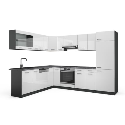 Eckküche ohne Arbeitsplatte Weiß Hochglanz/Anthrazit 287x81.6cm