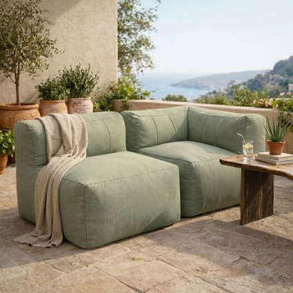 2er Set Modularer Ecksofa aus wasserfestem Olefin, Salbeigrün Zen